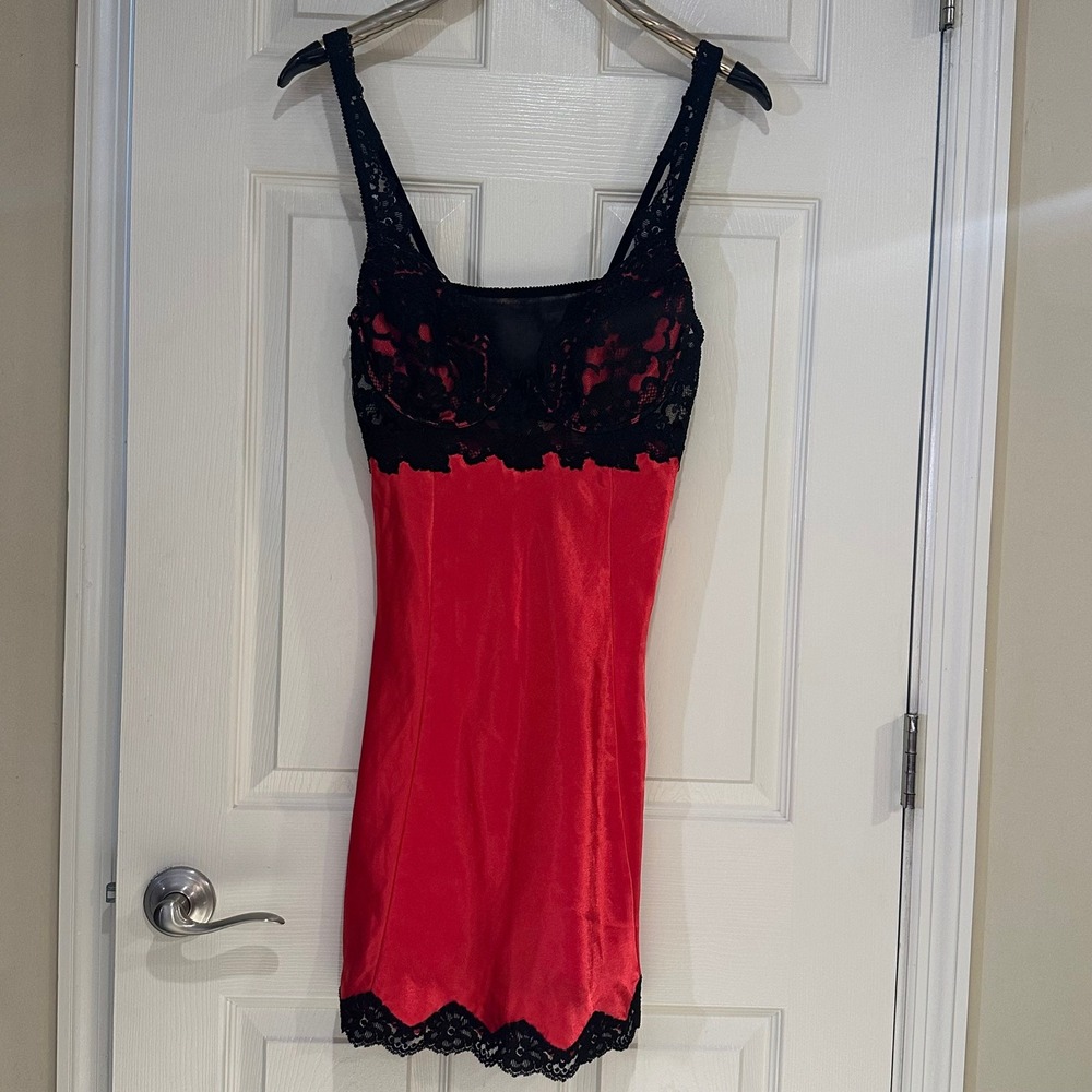 Victorias Secret Red Satin Lace Trim Slip Dress Nightgown Size L